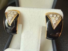 ✨Vintage Clip Ohrringe emailliert, schwarz-goldfarben Strass