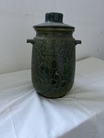 Rumtopf Keramik grün mit Deckel und Fruchtdekor gebraucht