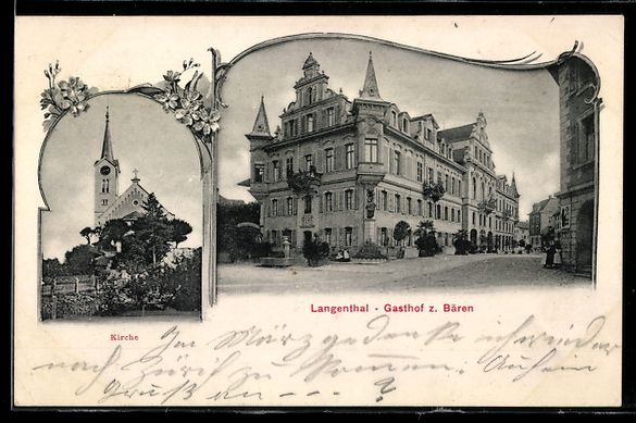 Cartoline postali: Langenthal, Gasthaus zum Bären, Kirche – Usato da Berlin venduto da bartko-reher