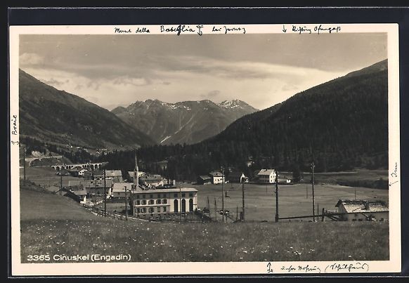 Cartoline postali: Cinuskel /Engadin, Ortspartie mit Bergen – Usato da Berlin venduto da bartko-reher