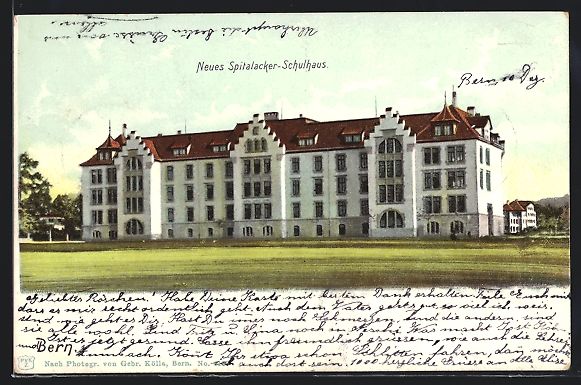 Cartoline postali: Litho Bern, Neues Spitalacker-Schulhaus – Usato da Berlin venduto da bartko-reher