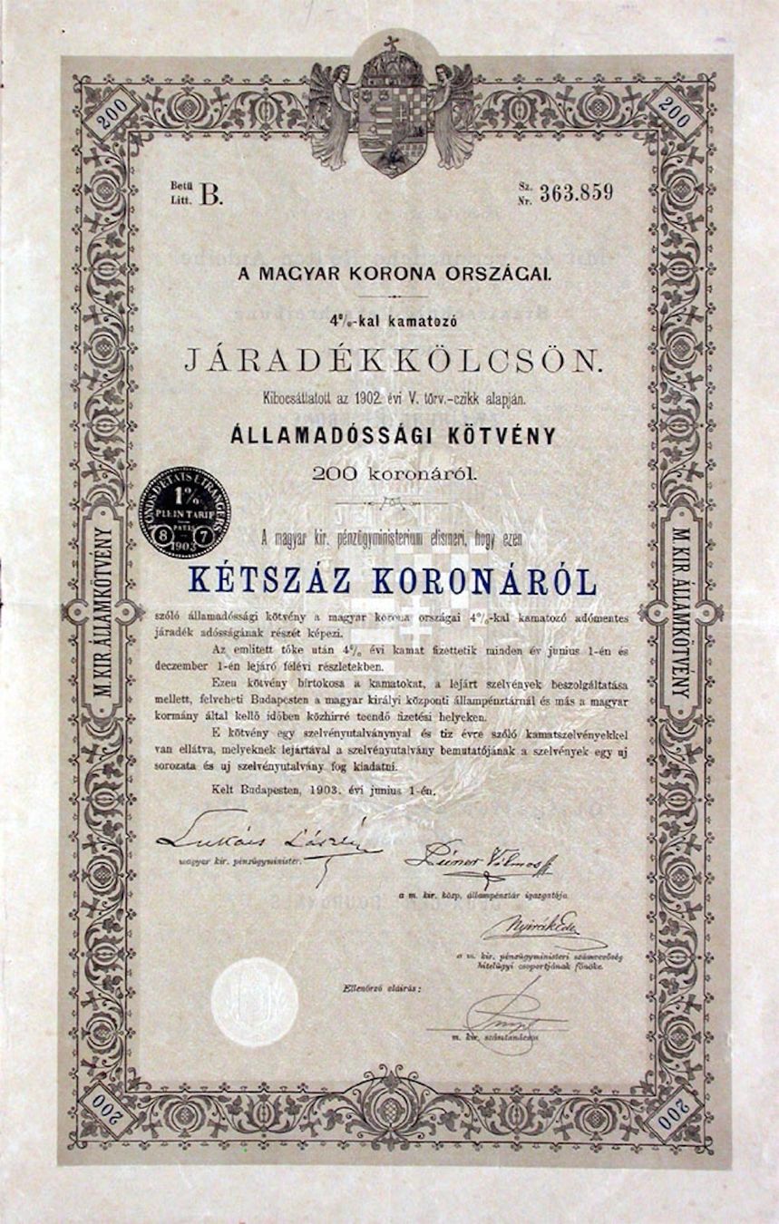 Documenti: 4% Königreich Ungarn, Budapest - 1903 – Usato da Solothurn venduto da Sgasche