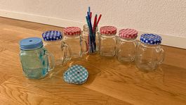 7 Mason-Jar-Style Trinkgläser mit Henkel + Deckel