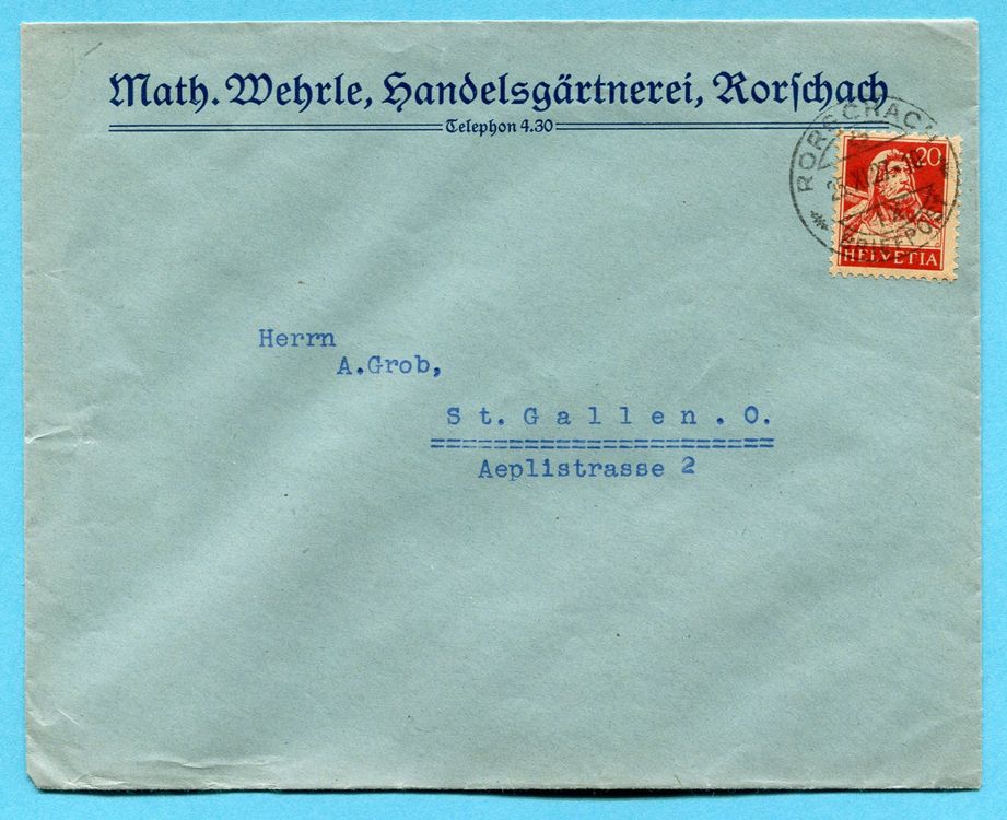 Brief Rorschach 1927 - Abs: Math. Wehrle, Handeslgärtnerei (Gebraucht ...