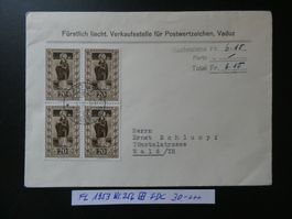 FL 1953 Nr. 256 im Viererblock auf FDC