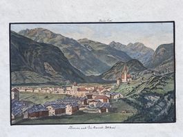 Kolorierte Aquatinta Zernez und Piz Linard Engadin um 1850