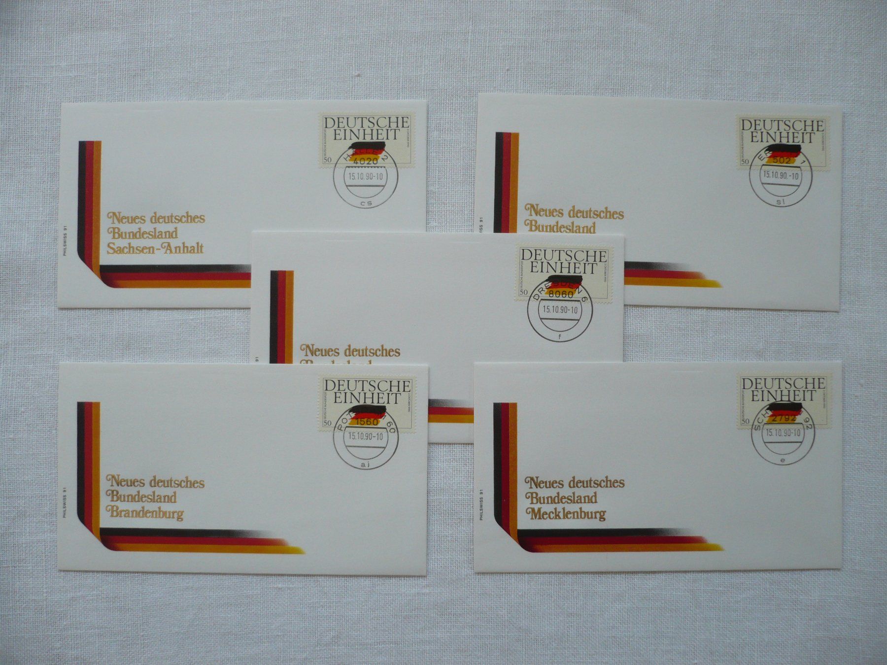 Tutti i francobolli: D 1990 5 Sonderbelege "Neue Dt. Bundesländer" – Usato da Zürich venduto da saltandpepper008