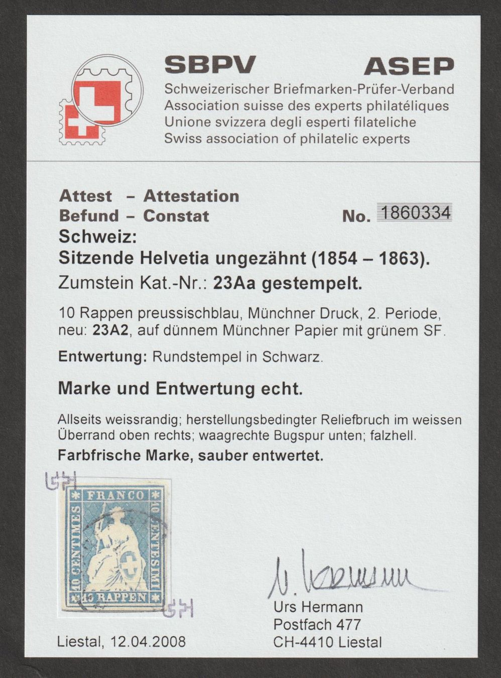 Alle Briefmarken: Strubel 23 Aa gestempelt / Befund – Gebraucht aus Siebnen von Fstaehli 2