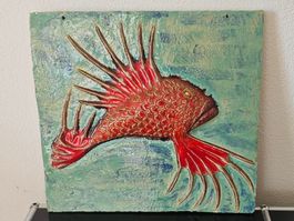 Fliegender Fisch Relief Wandplatte, signiert, 50er / 60er