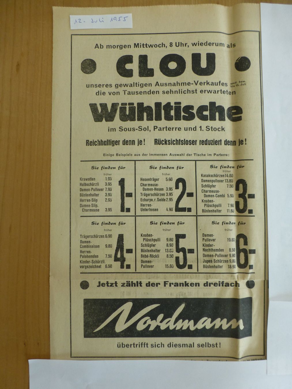 Poster & Bilder: Nordmann Solothurn Zeitungsinserat 1955 – Gebraucht aus Bettlach von 1saurer