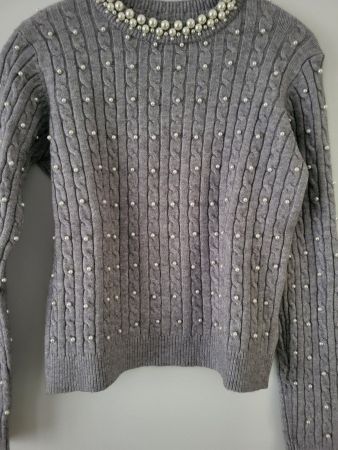 Damen Pullover grau mit Perlen Zopfmuster one Size