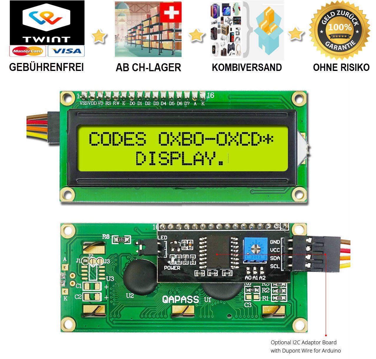 Elektrotechnik: I2C Modul+LCD 1602A 16x2 Zeichen Display Arduino Raspberry – Neu und originalverpackt aus Buchs SG von