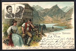Litho Appenzeller Land mit Paar in Trach