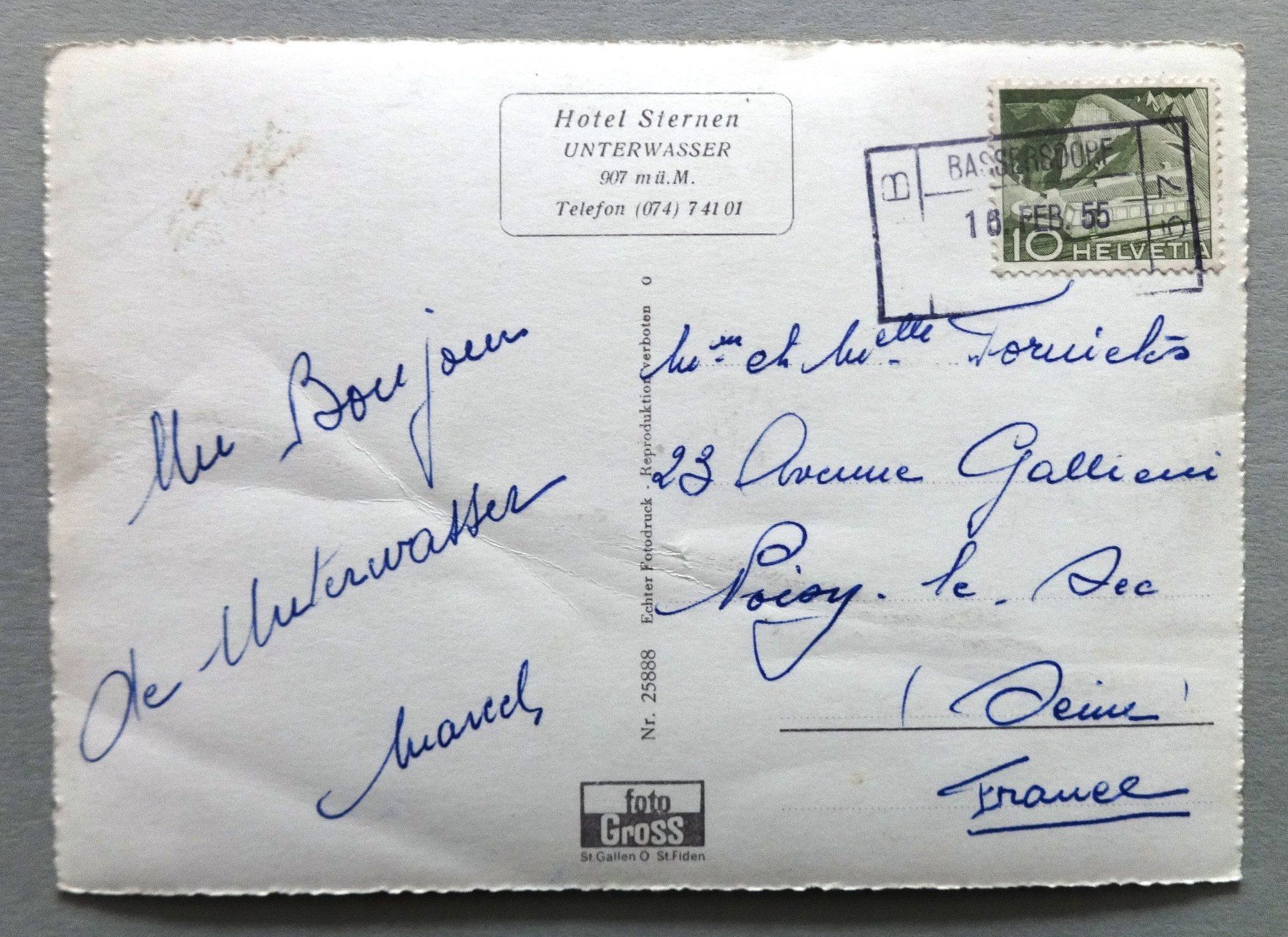 Cartes postales: Hotel Sternen, Unterwasser – Défectueux à Fétigny par Billy2miny 1