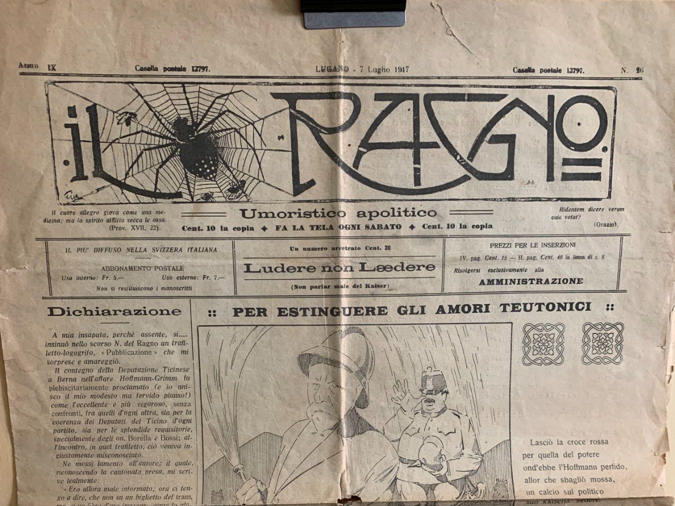 Dokumente: Ticino - Lugano - "Il Ragno" - 1917 – Gebraucht aus Sorengo von 74in 1