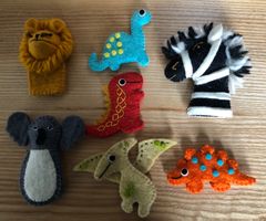 7 allerliebste Filz Fingerpuppen Löwe Zebra Koala Dino etc.