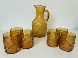 Bormioli Rocco: Karaffe, 6 Gläser 1970er, Bernstein, Italien