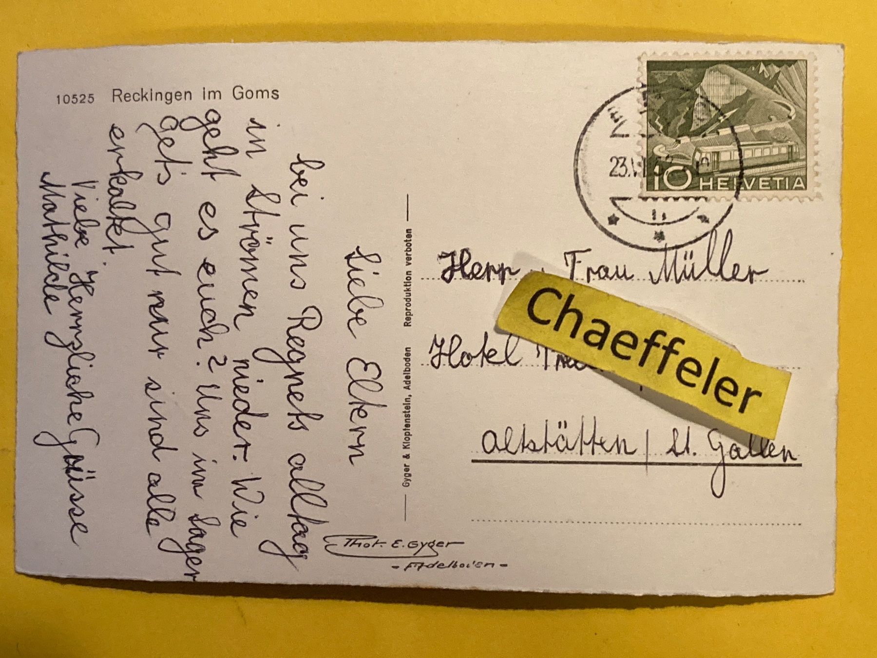 Cartoline postali: 10525 Reckingen im Goms – Usato da Zürich venduto da Chaeffeler 1