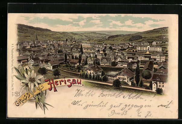Cartoline postali: Litho Herisau, Ortsansicht aus der Vogel – Usato da Berlin venduto da bartko-reher