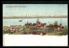 Litho Neuchâtel, Panorama et les Alpes,