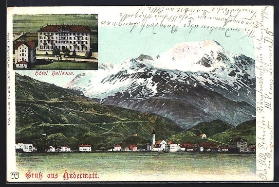 Cartoline postali: Andermatt, Panorama und Hotel Bellevue – Usato da Berlin venduto da bartko-reher