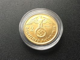 2 Reichmark 1938 B .Silbermünze poliert und vergoldet  Stgl