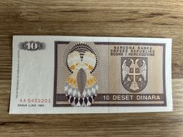10 Dinar Banknote Bosnien-Herzegowina, 1992, Rarität!