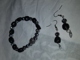 Set Fimo Armband und Ohrringe Schwarz/Silber Gr.M-L
