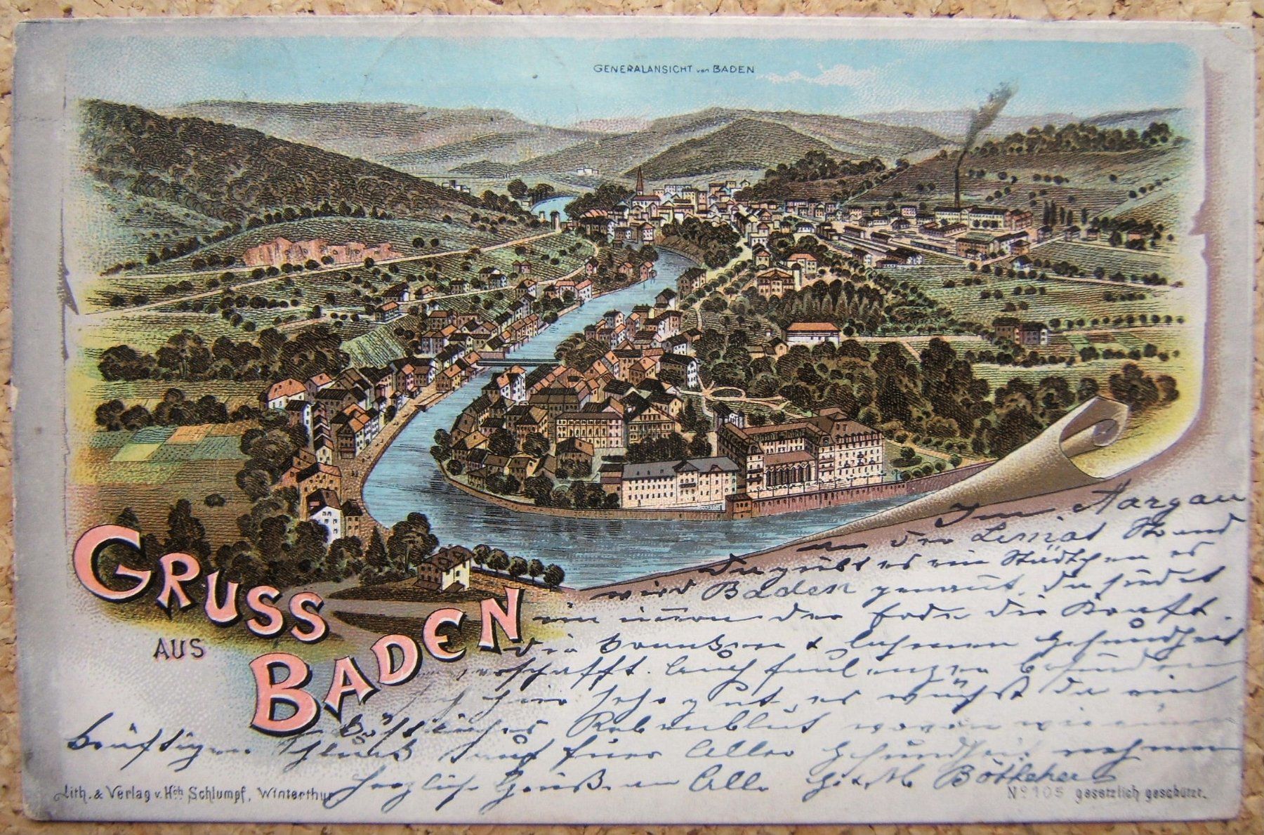 Ansichtskarten: SCHLUMPF-LITHO GRUSS AUS BADEN 1900 – Gebraucht aus Brunnen von Nonne04
