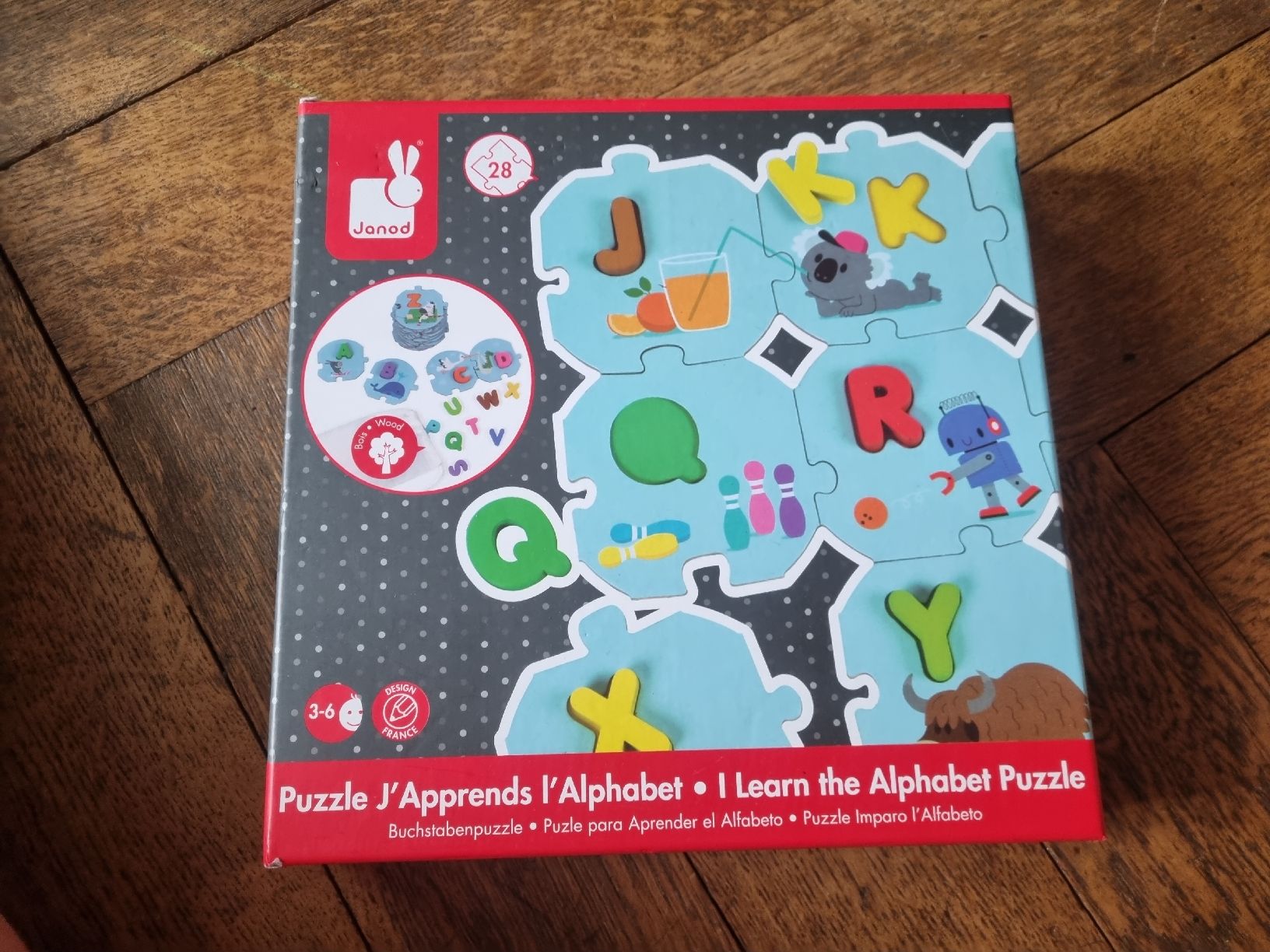 Janod Puzzle: Puzzle alphabet Janod complet, 28 pièces, dès 3 ans. – Usato da Fribourg venduto da jarmilka