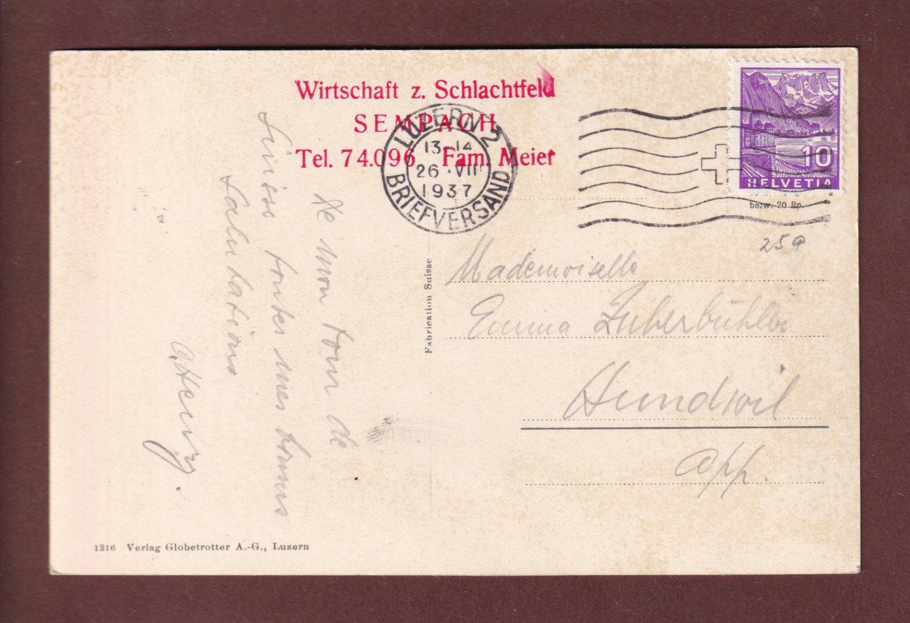Cartoline postali: Schlachtkapelle SEMPACH - 1937 – Usato da Pully venduto da nicecards 1