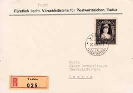 1947 LIE, Trauermarke Nr. 216, auf R-Brief von Vaduz-Luzern.