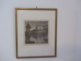 Holzstich Handkoloriert Kapellbrücke und Wasserturm Luzern