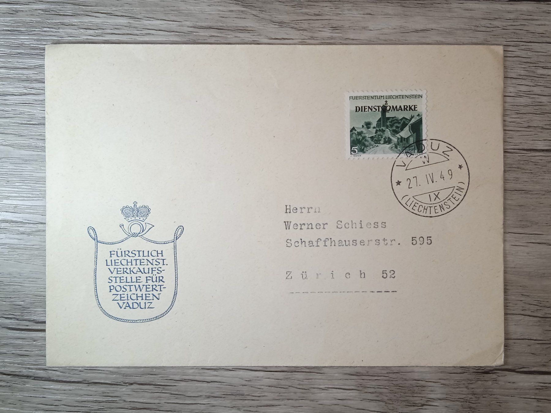 Tutti i francobolli: TR48 Enveloppe + Timbre Leichtenstein 1949 – Usato da Cousset venduto da Patrick_Collections