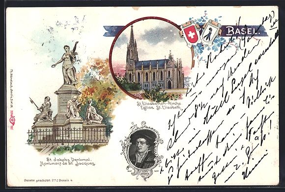 Ansichtskarten: Litho Basel, St. Jakobs-Denkmal, Portrai – Gebraucht aus Berlin von bartko-reher