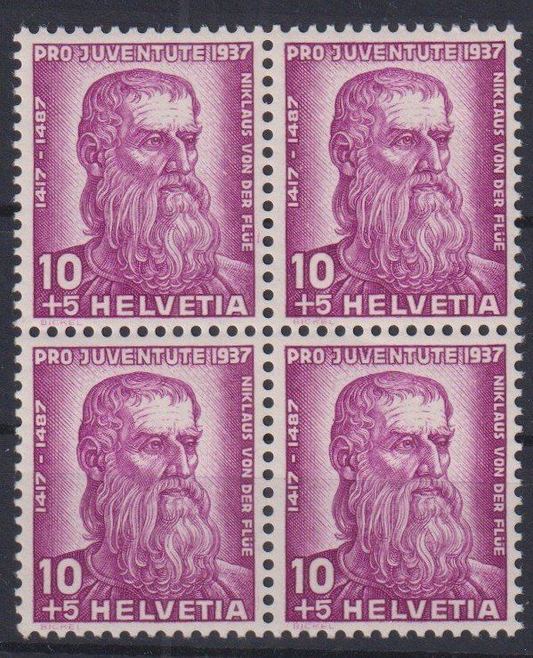 Alle Briefmarken: PJ 1937 10 Rp.4er Block ** – Gebraucht aus Samnaun-Compatsch von Muckimu