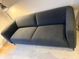 Canapé bleu tissu 3 places + repose pieds