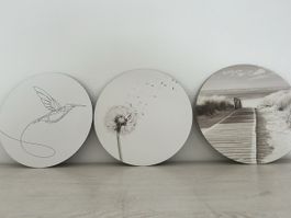Wandbilder rund| Kolibri| Pusteblume| Strand| 3er Set Deko