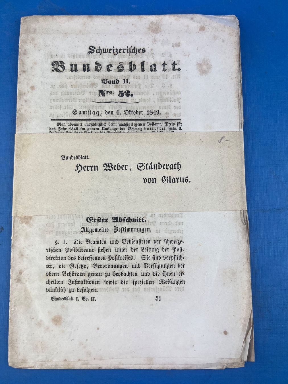 Documenti: Schweizerisches Bundesblatt 1849 mit Versandb. Weber Glarus – Usato da Unterengstringen venduto da Gustav03