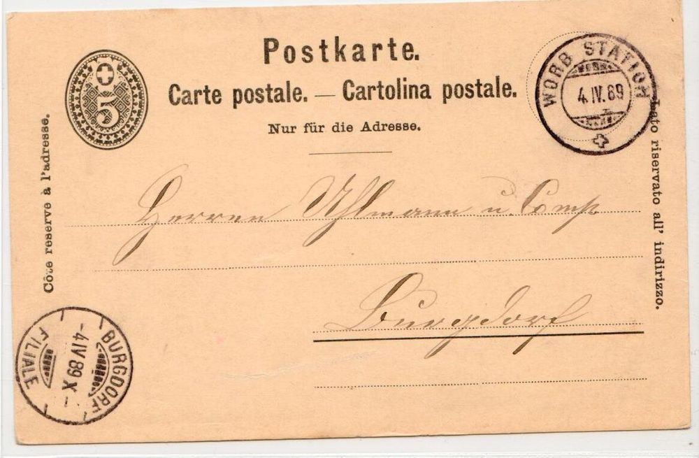 Postkarte, Worb Station - Burgdorf Filiale 1889 1