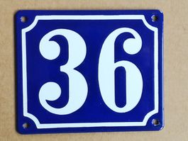 Emailleschild Hausnummer 36 blau weiss Email Vintage **NEU**