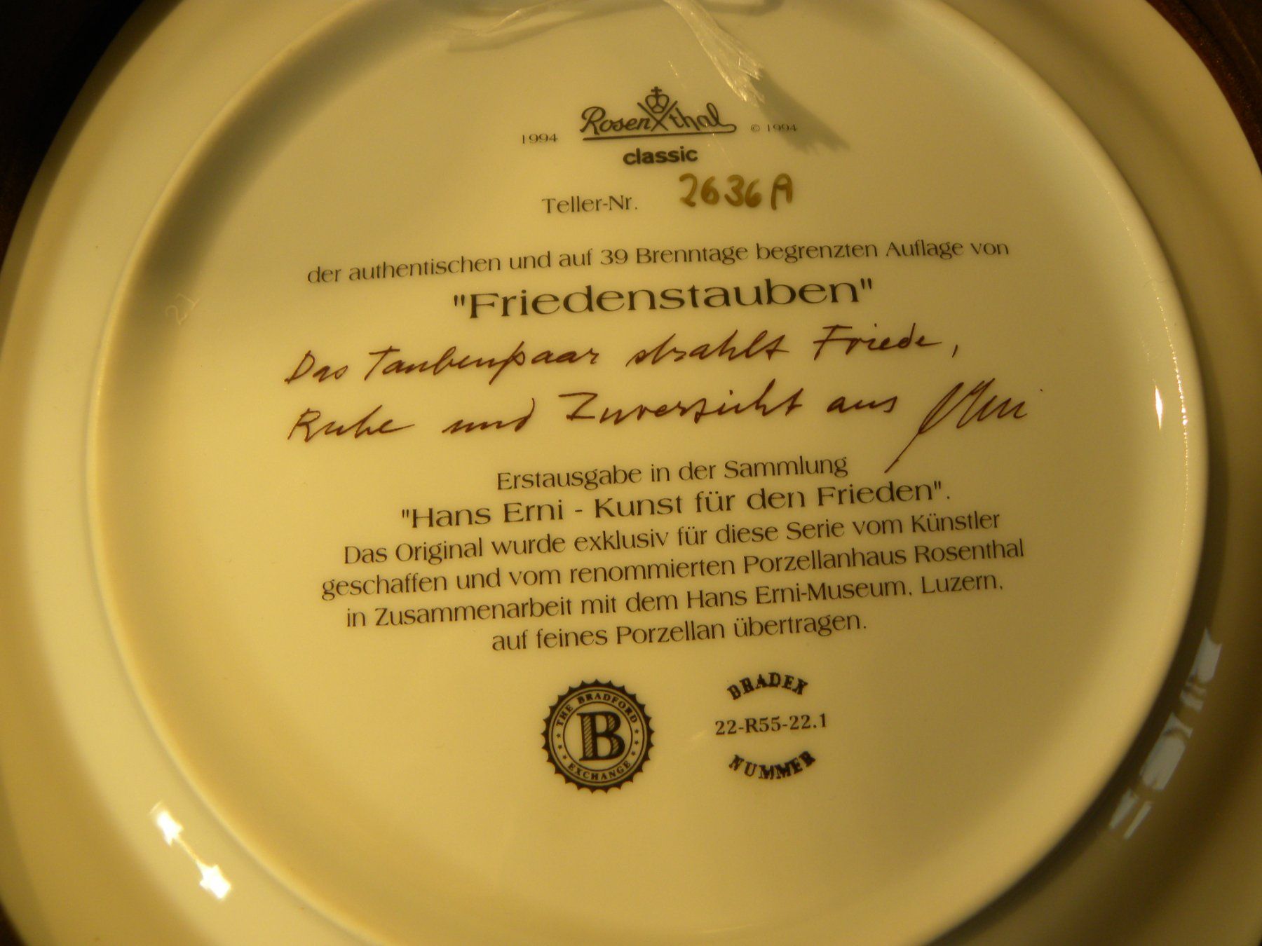 Rosenthal Teller: Rosenthal Sammlerteller Hans Erni "Friedenstauben" – Gebraucht aus Reinach von Taysalmon 4