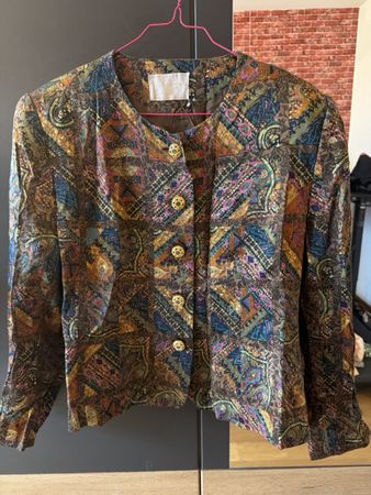 Vintage Patterned Silk Blazer with Gold-Tone Buttons