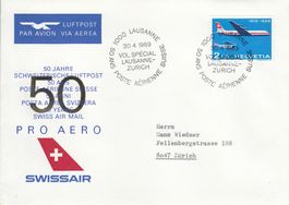 1969 50 Jahre Pro Aero Schweiz. Luftpost Swissair Lausanne