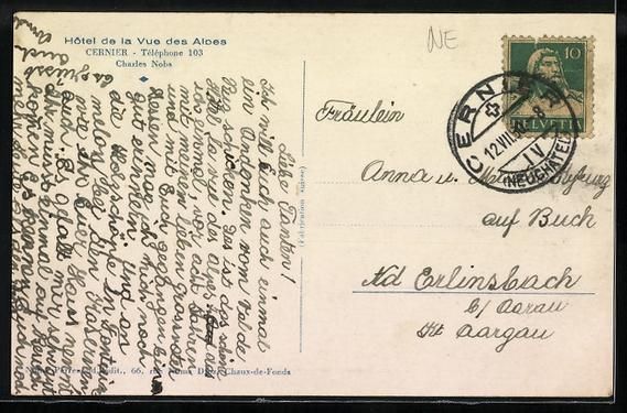 Cartoline postali: Cernier, Hotel de la Vue des Alpes, Prop – Usato da Berlin venduto da bartko-reher 1