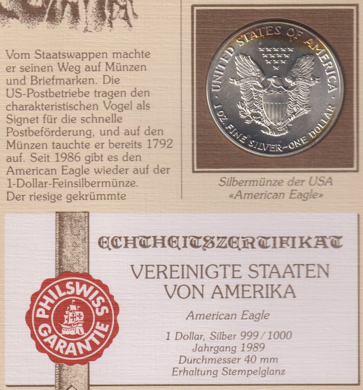 Tutti le monete: USA Silberdollar 1989 'Entdecken Sie Amerika' – Usato da Eschlikon TG venduto da PhilCon 1