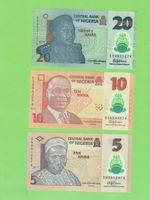 Nigeria Banknoten 5, 10 und 20 Naira, Jahrgänge 2018, 2017