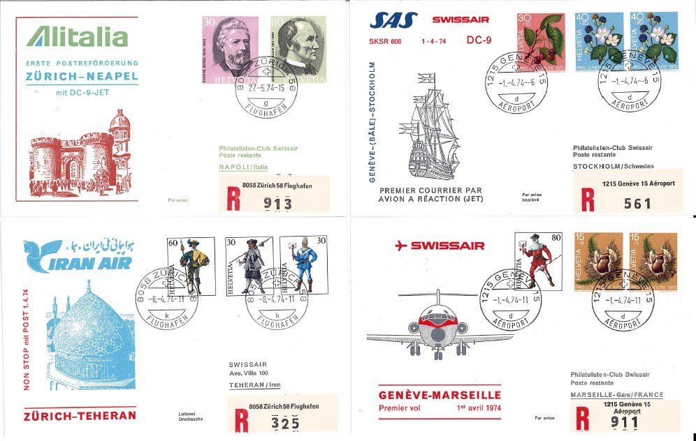 Alle Briefmarken: 10 R-Flugbriefe ab Zürich oder Genf – Gebraucht aus Bellach von qsearch