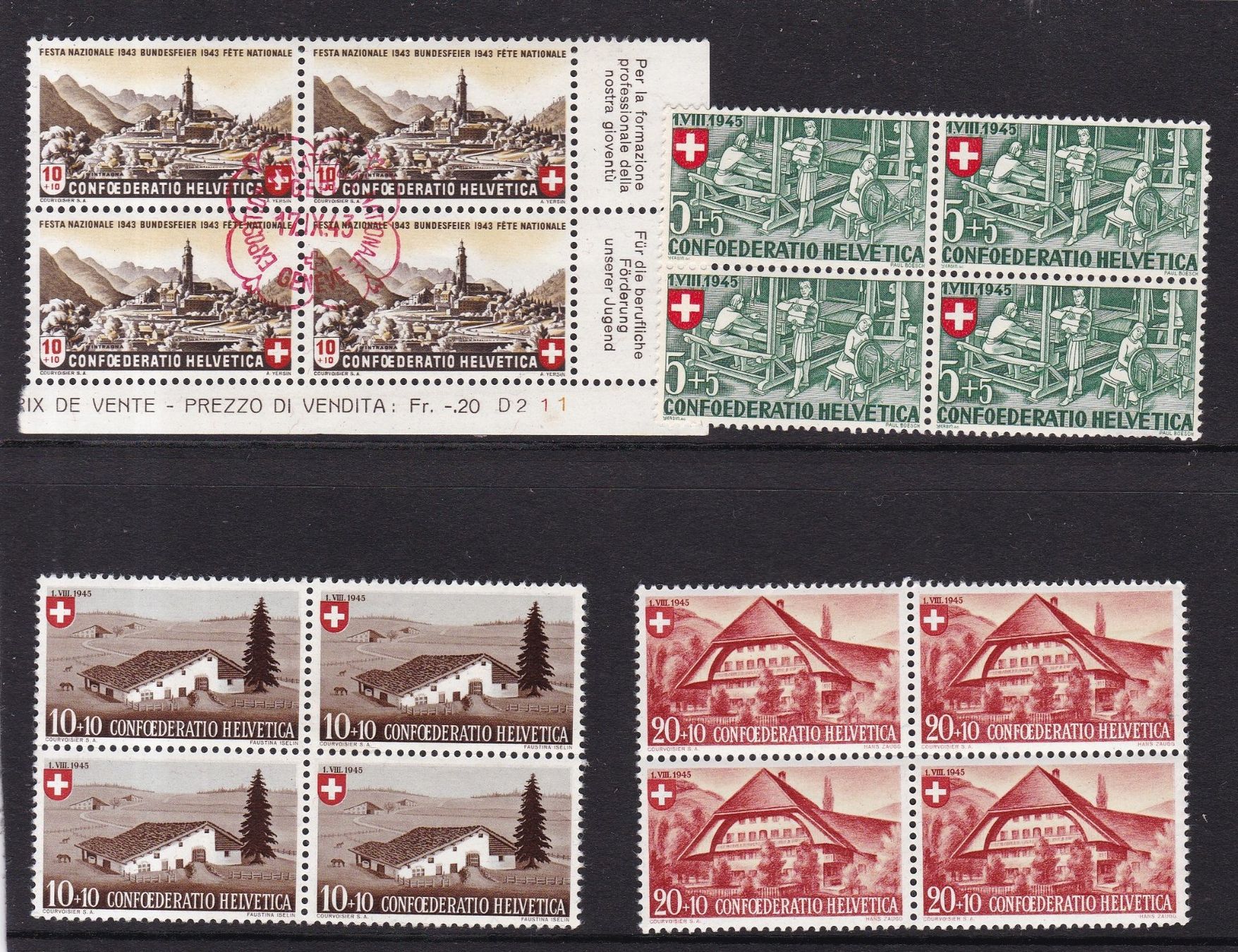 Alle Briefmarken: 27 Stk. Pro Patria Viererblocks ab 1939, postfrisch – Gebraucht aus Münchwilen AG von Nesar 1