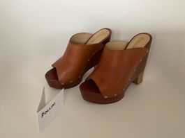 Pollini Clog Sandalen aus Holz und Leder, Grösse 37